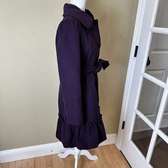 BANANA USA Fur Collar Purple Lined Coat Jacket w Ruffle Tie Belt Size Large - Picture 5 of 16